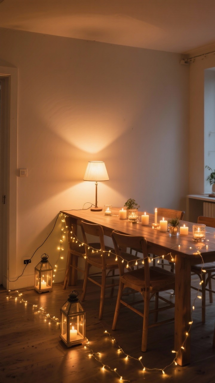 Corner-angle wide shot emphasizing ambient glow: dining area lit with a small low lamp at the end of the table, lanterns placed on the floor nearby, and micro string lights draped along the table center; warm 2700K color temperature; layered sources with candles and tea lights for magic; cords hidden, battery-operated fairy lights; cozy, romantic atmosphere.