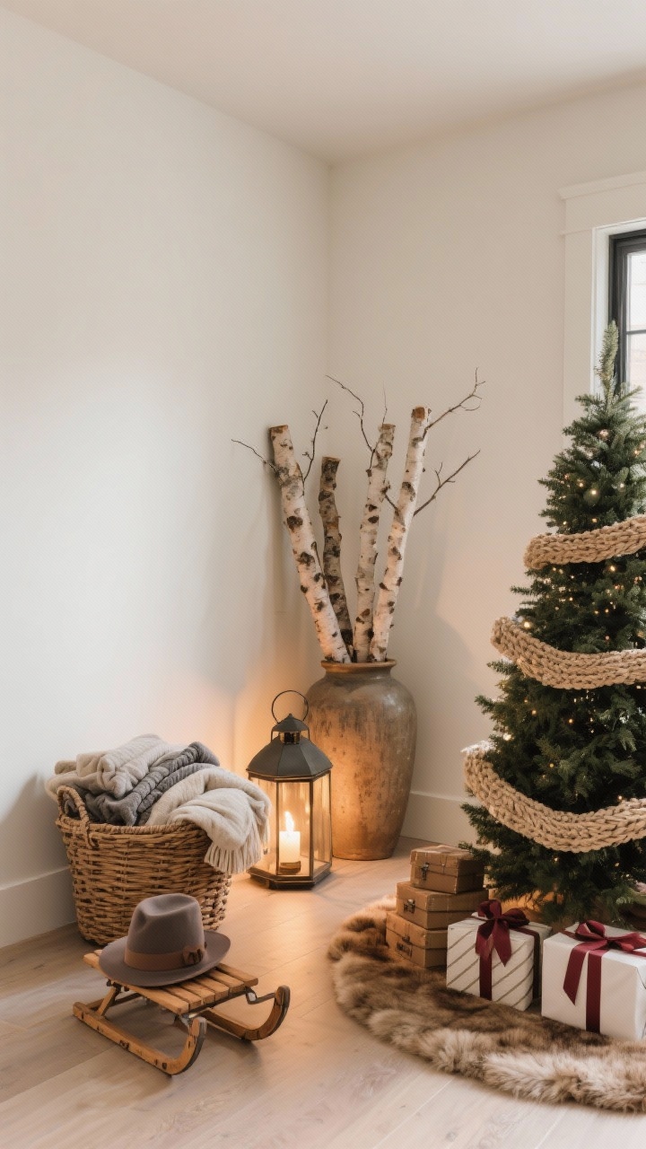 Corner-focused medium shot highlighting elevated floors and corners: a woven basket filled with neatly folded throws, oversized lanterns and a tall floor vase in an empty corner holding birch logs and faux branches, and a Christmas tree base styled with a woven collar or layered faux fur rug. Under the tree, coordinated gift wrap and ribbon act as decor. Include a small vintage sled or stacked hat boxes nearby. Warm, grounded lighting that feels layered but uncluttered.