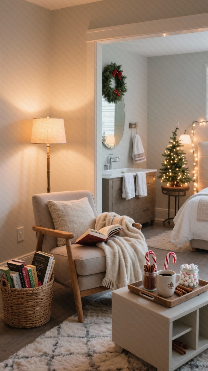 Cozy corner medium shot: A lived-in reading nook with a throw over a chair, a warm floor lamp, and a basket of holiday books; adjacent, a compact coffee/hot cocoa station on a tray with ceramic mugs, candy canes, cinnamon sticks, and a small jar of marshmallows. In the background, a bedroom vignette suggestion with a mini tabletop tree and twinkle lights on a headboard, or a bathroom mirror with a tiny wreath and seasonal hand towels. Soft, ambient glow, inviting and practical, photorealistic.