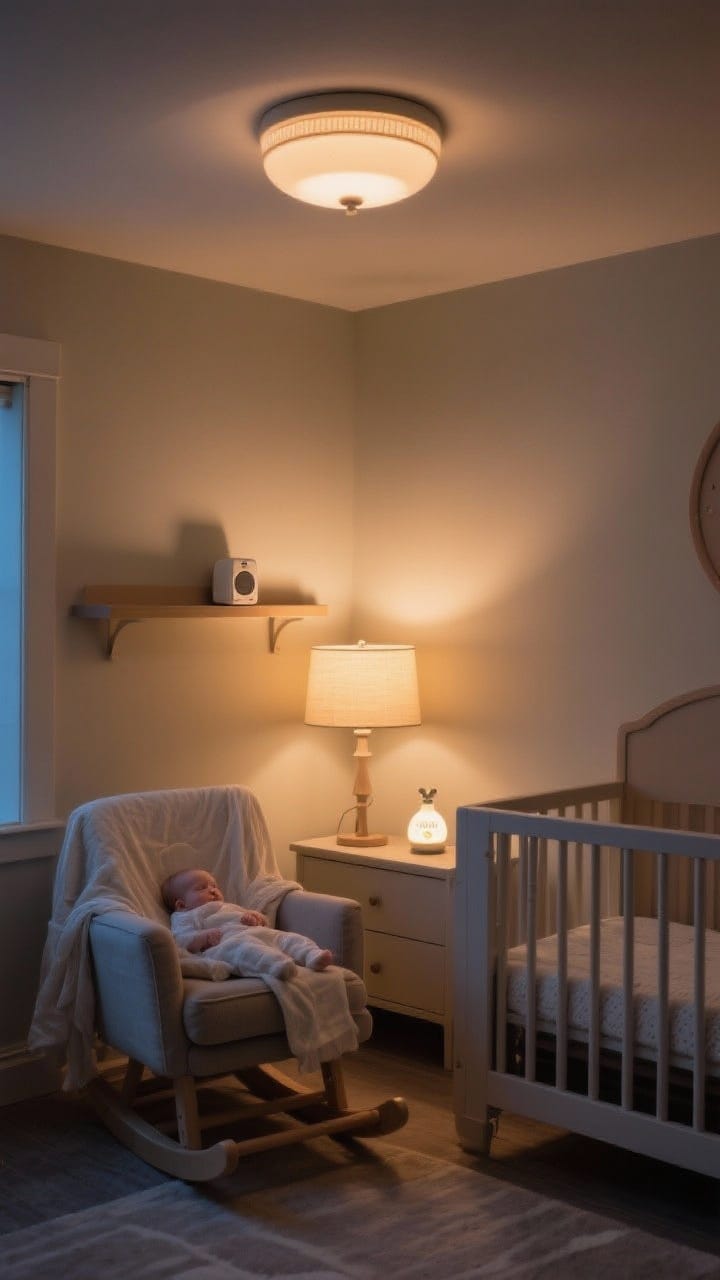 Cozy nighttime corner shot: A sensory-focused sleep setup in a nursery. Overhead fixture on a dimmer set warm to 2700K casts a gentle ambient light, complemented by a warm table lamp or wall sconce near the glider. Across the room, a simple sound machine sits on a shelf (not in the crib). A subtle, fabric-spray-scented muslin draped over the chair. A cute, soft-glow nightlight on a dresser that doubles as a portable light. Calm, tranquil mood with low, warm illumination.