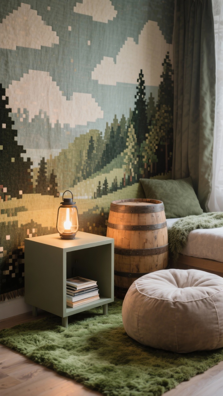 Cozy reading nook closeup: cube-shaped side table with hidden storage next to a barrel-shaped pouf and a soft beanbag; backdrop features a soft landscape tapestry with pixel clouds and forest tones; warm lantern-style reading light casting a gentle glow; small plush rug in mossy green defining the area; intimate, immersive mood; photorealistic, low-angle detail.