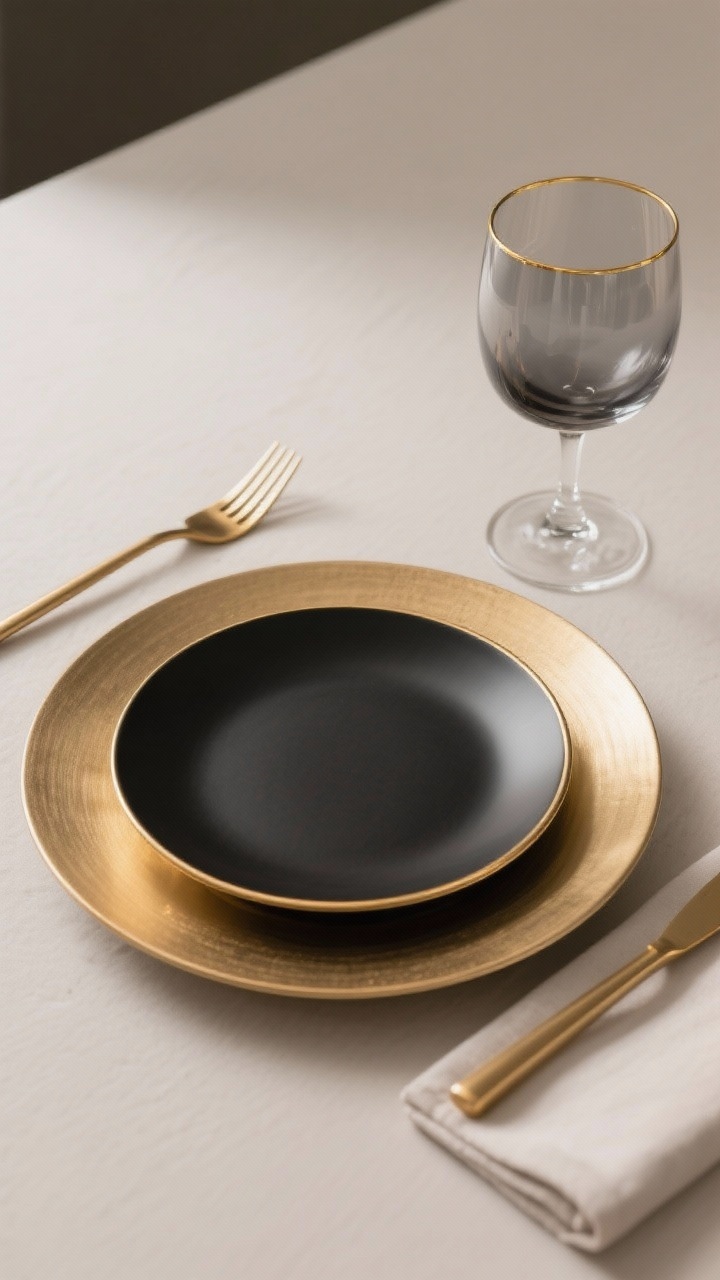 Detail closeup, 45-degree angle of a single place setting: a brushed gold charger under a matte black dinner plate topped with a gold-rimmed salad plate. Gold flatware (brushed, modern) flanks the setting. To the right, a smoky glass goblet and a clear crystal wine glass with a thin gold rim; a simple plain napkin to keep balance. Neutral background with soft, diffused lighting highlighting metallics without glare. Photorealistic, no people.
