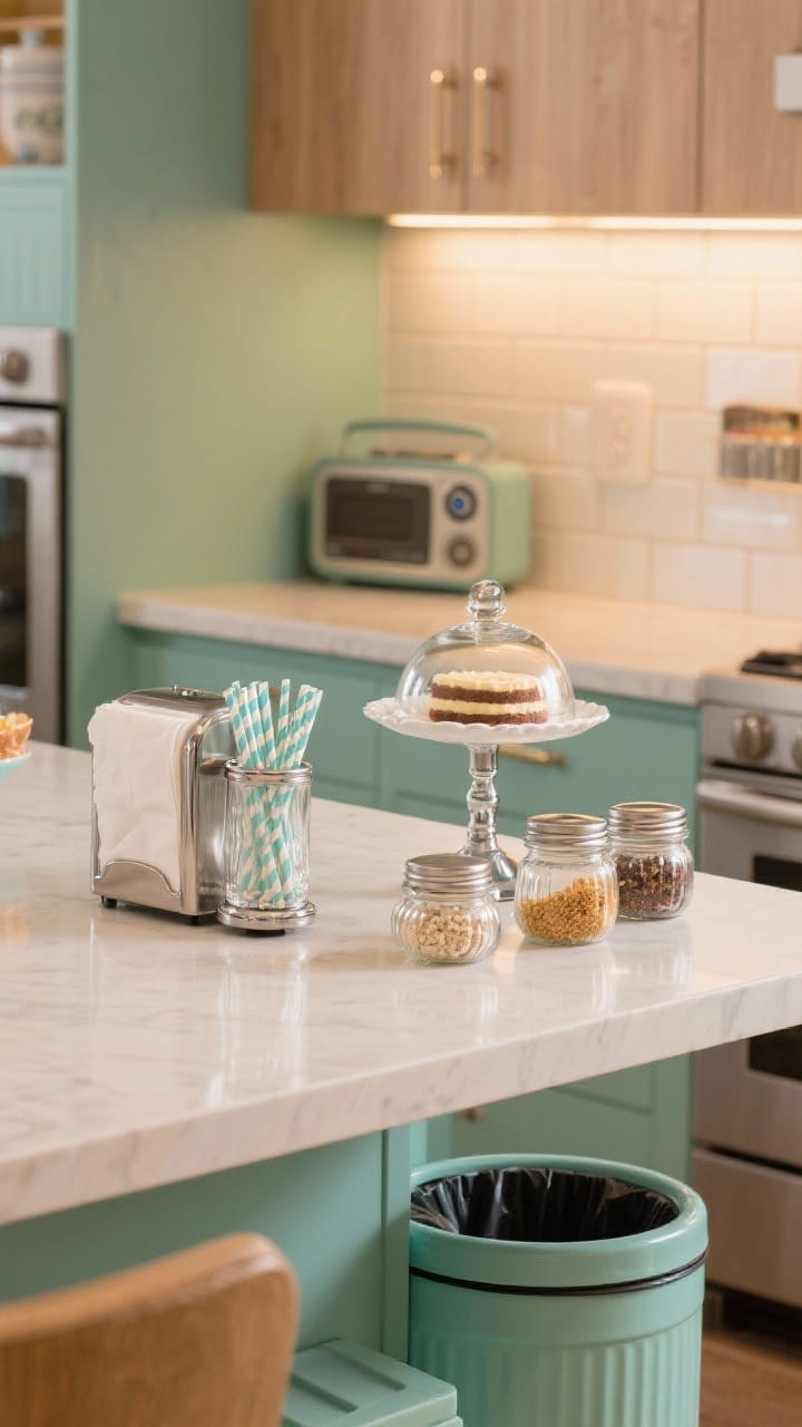 Detail closeup: A countertop styled with diner details—a chrome napkin holder, glass straw dispenser, classic cake stand with a domed lid, and glass jars with metal lids decanting dry goods; a mint step trash can peeks in the background; a retro-look Bluetooth radio sits near the backsplash; functional yet charming arrangement under warm task lighting.