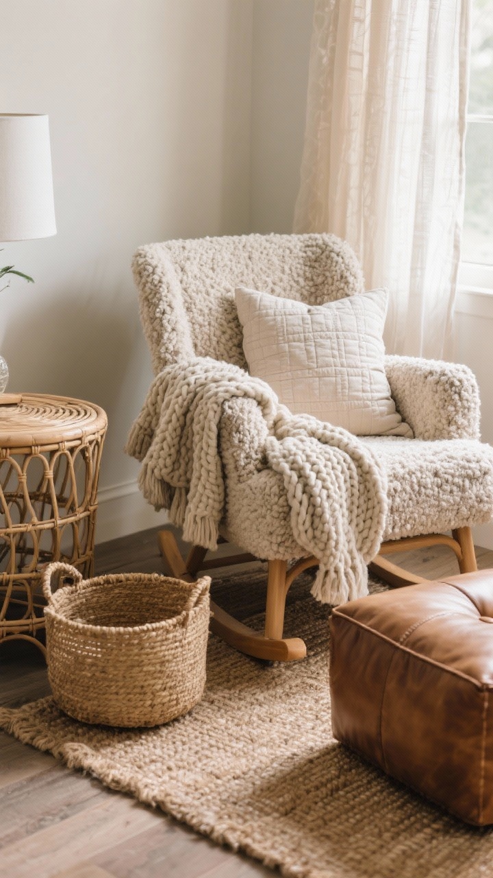 Detail closeup: A layered texture vignette on the floor beside a boucle glider, featuring a chunky knit throw draped over the chair, a quilted crib blanket folded on the arm, gauzy curtains catching soft natural light, and a linen pillow with subtle weave. Include a rattan side table, a seagrass basket, and a low-pile jute rug beneath. Add contrast with a smooth leather ottoman adjacent to the nubby boucle fabric, photographed in warm, diffused light.