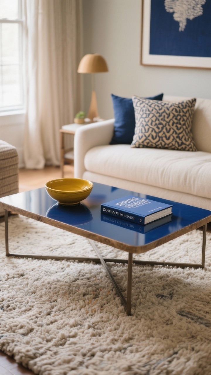 Detail closeup: A styled coffee table on a neutral rug illustrating the bonus formula—blue base reflected in a navy wall art book, neutral anchor via the rug and light curtains in background blur, and one pop color (mustard ceramic bowl and a patterned lumbar pillow edge in frame) repeated. Warm ambient light for a cozy, intentional feel. Overhead three-quarter top-down shot for composition clarity.