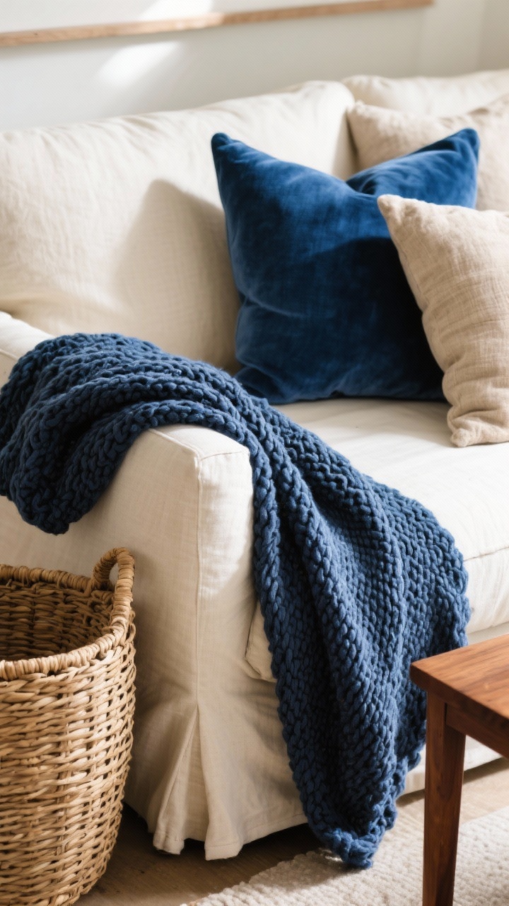 Detail closeup: A tactile vignette on a cream linen sofa featuring a mix of blue velvet and flax linen pillows, a chunky knit navy throw draped over the arm, and a woven rattan basket beside the sofa. Include a walnut wood side table edge in frame. Soft, warm afternoon light grazing the textures to emphasize plush vs nubby contrasts. Angle: tight, eye-level macro focus on textures.