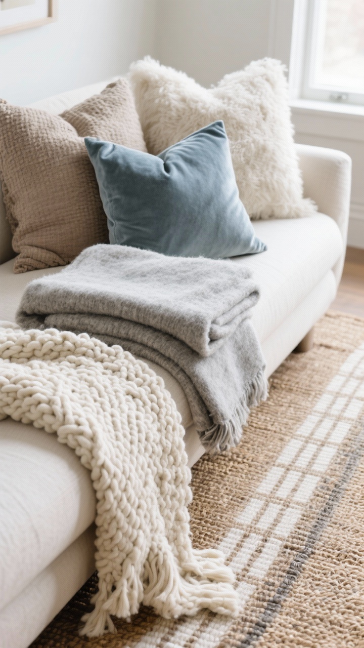 Detail closeup from a corner angle of layered textures on a sofa: chunky knit throw in cream, bouclé throw in oat, and a soft gray wool blanket folded. Pillows mixed in nubby linen (taupe), soft velvet (dusty blue), and faux shearling (ivory), varied sizes for dimension. In the background, a jute rug with a thin layered wool runner showing a subtle windowpane pattern. Soft winter daylight emphasizing fabric weaves.