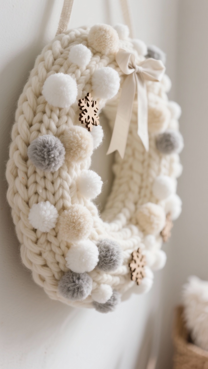 Detail closeup from a slight corner angle of a foam wreath form wrapped in chunky knit cream yarn, covered with clusters of pom-poms in white, cream, and soft gray; tiny wooden snowflake accents and a subtle ribbon knot; cozy indoor ambient light that emphasizes soft textures and fibers; shallow depth of field to showcase the yarn weave and pom-pom fluff.