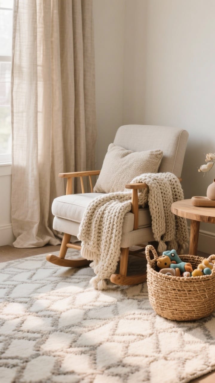 Detail closeup: Layered textures on a nursery chair and nearby surfaces—linen-blend curtains softly puddling to the floor, a chunky knit blanket draped over a glider arm, a woven basket holding toys, and a natural wood side table. In the foreground, a patterned low-pile rug with subtle geometric design. Gentle, warm light raking across fabrics to highlight weave and grain.