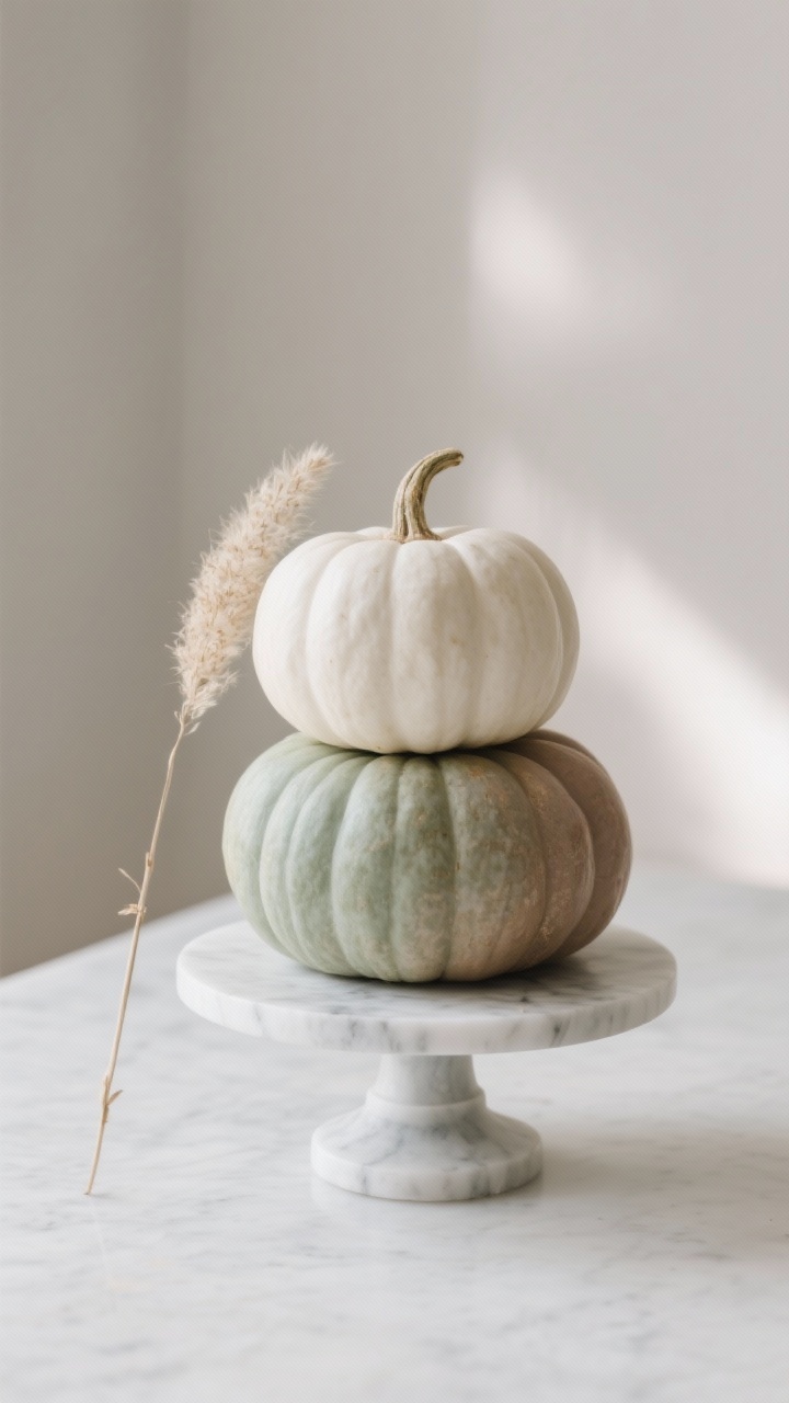 Detail closeup of a neutral Nordic pumpkin stack on a marble cake stand: two to three stacked flatter pumpkins in white, pale green, and taupe (Cinderella/Fairytale varieties) stabilized with invisible museum putty. A single stem of pampas grass or dried bunny tail rests beside. Minimalist, serene, matte surfaces with soft side lighting on a clean tabletop.