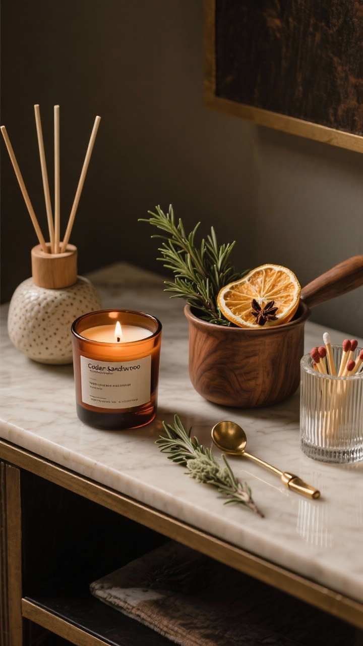 Detail closeup of a scent vignette on a console: an elegant woodsy candle labeled with cedar/sandalwood notes, a ceramic diffuser with amber oil, and a small simmer pot with citrus slices and cloves nearby; styled with sprigs of rosemary and sage; a brass candle snuffer set beside ribbed glass match holder; warm, moody lighting emphasizing layered, sophisticated fragrance.