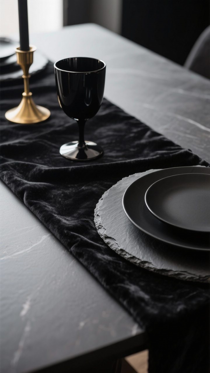 Detail closeup of layered textures on a black tablescape: a plush black velvet runner next to a slate charger, matte black dinner plate, and glossy black goblet; add a brass candleholder to introduce a metallic note; side light skimming across surfaces to emphasize tactile contrast—soft vs stone, matte vs gloss; background falls softly out of focus to keep attention on the material interplay.