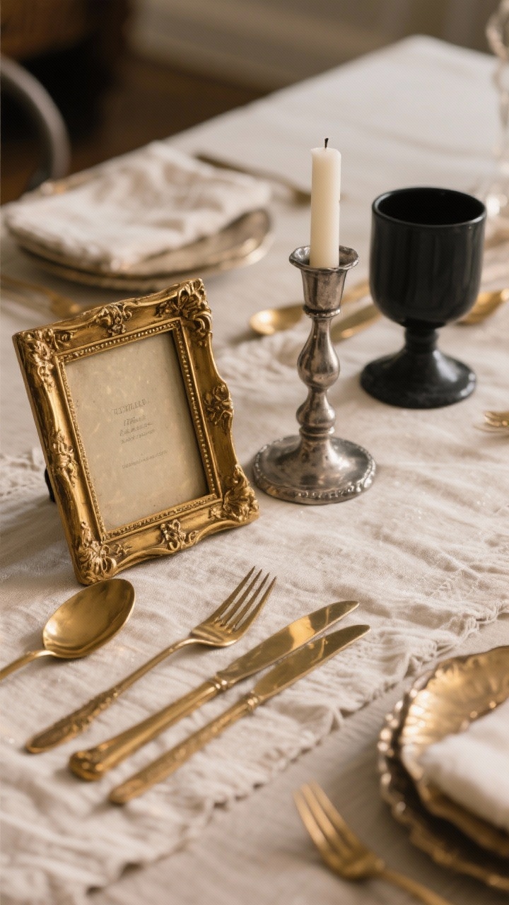 Detail closeup of mixed metals for winter shine: an arrangement of brass flatware, antique gold picture frame, and a pewter candleholder on a linen runner; finishes are soft and aged, not mirror-shiny; echo of metals in a nearby black matte candleholder for contrast; warm, cozy lighting with subtle reflections.