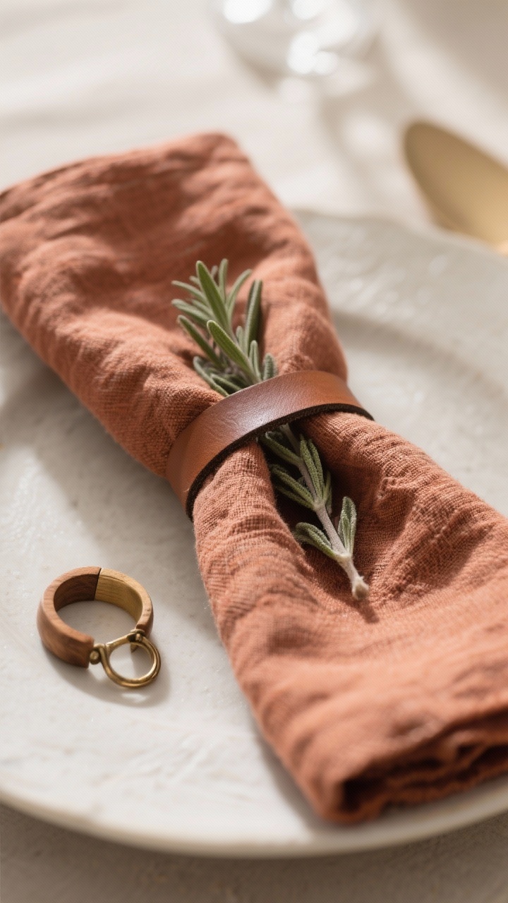 Detail closeup of napkin styling: a clay- and rust-hued linen napkin casually knotted, wrapped twice with a slim leather tie, a sprig of fresh sage slipped beneath; nearby option includes a wooden napkin ring and a vintage brass ring; soft natural light highlights the napkin’s rumpled weave and the matte grain of leather and wood.