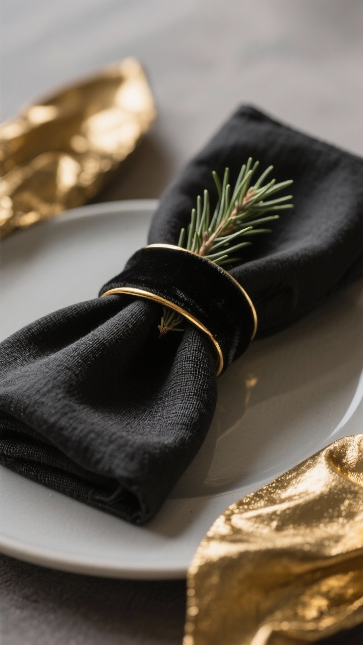Detail closeup of napkin styling on a plate: black linen napkin threaded through a simple gold napkin ring, with a sprig of cedar tucked in. Alternate version nearby shows a metallic gold napkin tied with a slim black velvet ribbon for glam. Soft, warm lighting accentuates fabric quality (linen weave, velvet texture) and subtle shine on the ring. Neutral black-and-gold palette, photorealistic, no people.