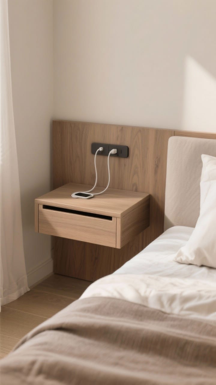 Detail closeup of properly scaled nightstands: one slim 14–16 inch-wide wall-mounted nightstand perfectly level with the mattress top, showing a cable cutout for tidy charging and a neatly coiled cord; depth around 14–18 inches leaving comfortable walkway; matte wood grain, soft-textured bedding, warm neutral color story, gentle natural light, photorealistic.