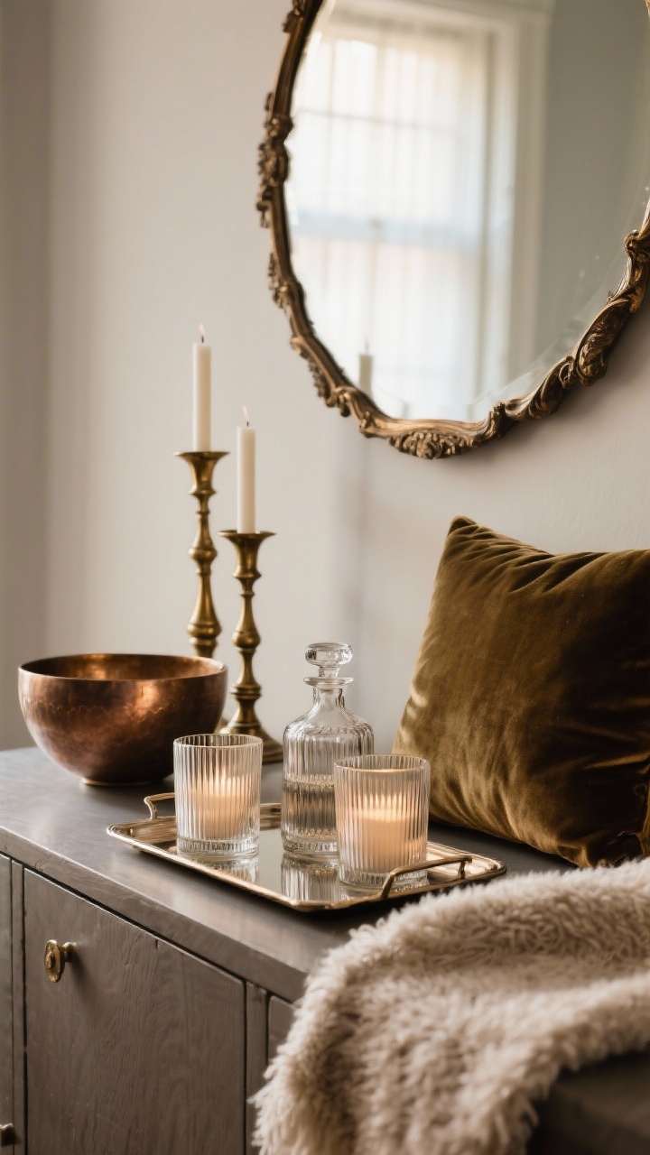 Detail closeup of subtle shine: a vignette on a sideboard featuring aged brass candlesticks, a bronze bowl, and a vintage mirror reflecting soft light; ribbed glass votives and a smoke glass vase grouped on a tray with a crystal decanter; a velvet pillow and mohair throw nearby adding gentle luster; balanced matte and sheen, warm winter glow.