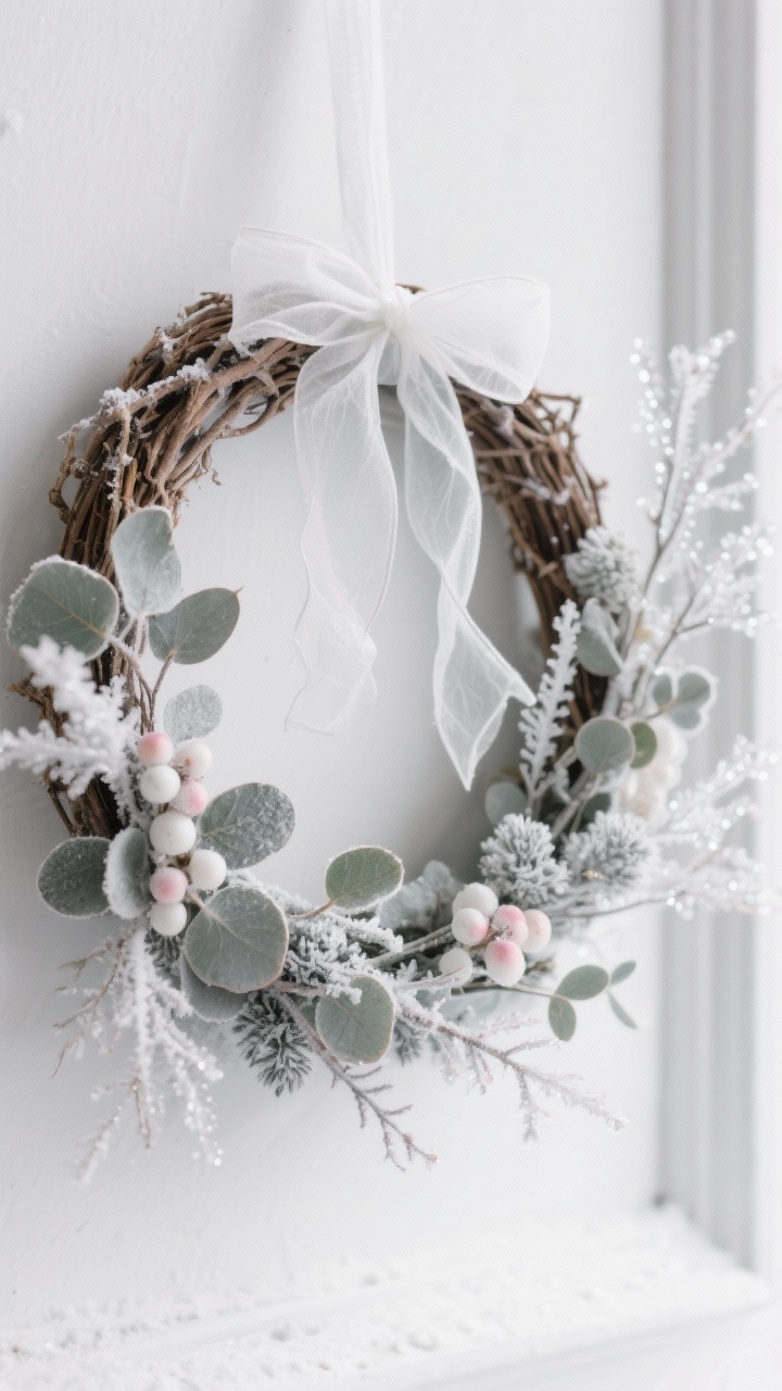 Detail closeup, straight-on of a frosted eucalyptus wreath with dusty miller and sparse white/blush berries on a white or natural grapevine base; optional delicate faux “ice” branches catching light for subtle sparkle; chiffon/gauze ribbon knotted lightly; cool, crisp lighting evoking a chic snowy morning, airy and restrained.