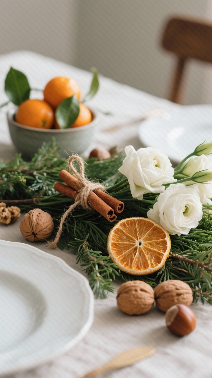 Detail macro shot: natural elements styled on the table—fresh greenery intertwined with cinnamon sticks, DIY dried orange slices threaded on twine, whole walnuts and hazelnuts, and a relaxed cluster of white flowers (roses, ranunculus, or amaryllis) tucked into the greens. Include a small bowl of clementines with attached leaves. Keep plate design simple and clean nearby for balance. Gentle morning light with realistic textures and subtle citrus translucency.