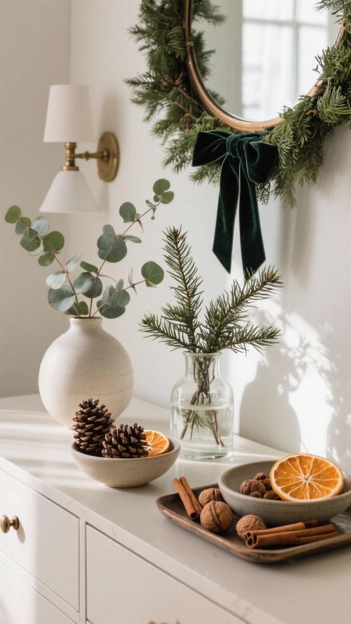 Detail/medium shot focusing on nature-inspired accents: Simple ceramic or glass vases holding eucalyptus, cedar, and juniper branches on a sideboard. Organic elements—pinecones, dried orange slices, walnuts, and cinnamon sticks—arranged in a shallow bowl and on a tray. A garland swag draped over a mirror edge, with velvet ribbons tied around a cabinet pull and a lamp neck for subtle charm. Natural daylight with gentle shadows, textures crisp and realistic, photorealistic.