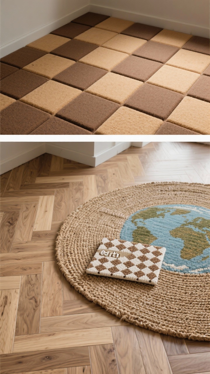 Detail overhead shot of flooring solutions: interlocked wood-look vinyl planks in oak tone forming a realistic plank pattern, layered with a large jute rug as the “earth,” topped by a smaller geometric checker/pixel rug; alternate frame showing a section of tan and brown foam tile squares forming a blocky grid; soft natural light highlighting textures; photorealistic.