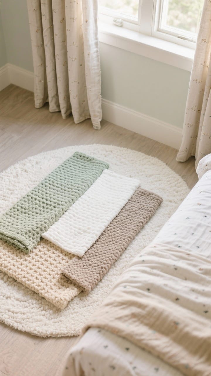 Detail overhead shot of layered nursery textiles: a low-pile, washable rug in soft neutrals, swatches of breathable cotton and linen curtains with blackout lining, and a set of coordinating fitted sheets. Emphasize mixed textures—waffle knit, boucle, and brushed cotton—in sage, warm white, taupe, and sand with small-scale prints. Soft natural window light, photorealistic.