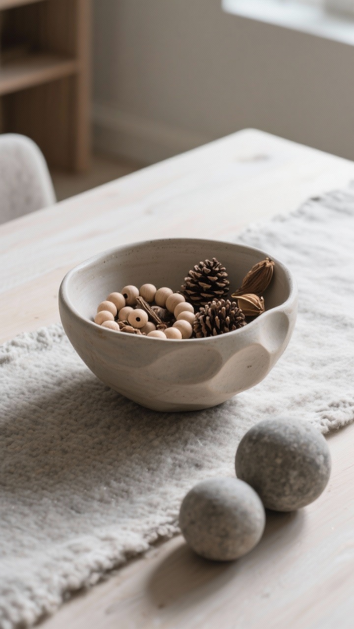 Detail shot at a 45-degree angle: a sculptural hand-thrown ceramic bowl slightly off-center on the table, lightly filled with neutral wooden beads and a few foraged pinecones and seed pods; two stone spheres rest beside it, showcasing weight and cool tone against a wool runner; natural winter daylight skimming the textures; organic shapes and asymmetry emphasized.