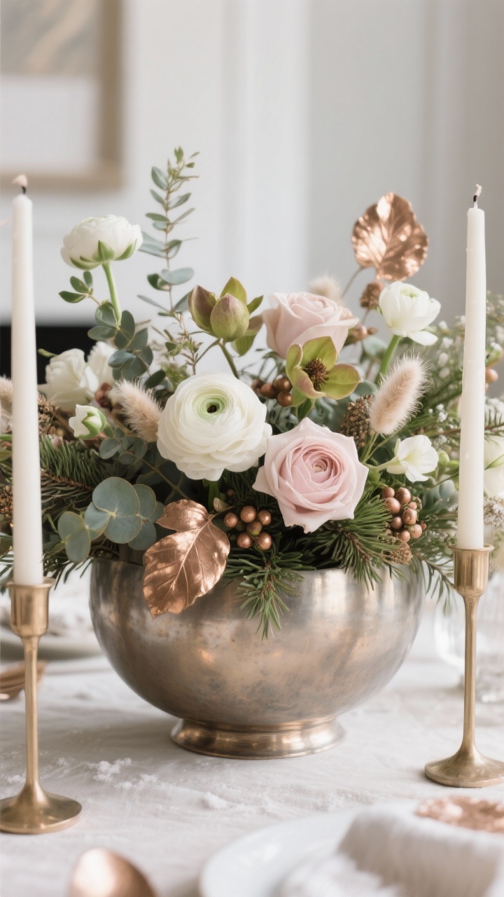 Detail shot, eye-level: A low, lush centerpiece arranged in a footed brushed metallic bowl filled with soft neutral blooms—white ranunculus, blush roses, hellebores, lisianthus, and hints of dried bunny tails—interwoven with winter greens like eucalyptus and cedar. Add a few subtle rose gold–dipped leaves or metallic berries. Keep the arrangement low for conversation, with two slender candlesticks flanking it.