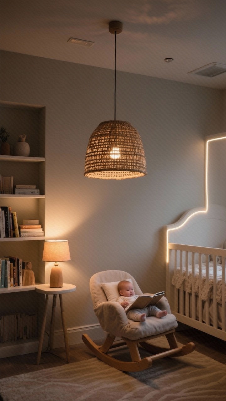 Detail shot, moody evening lighting: Layered lighting in a neutral nursery. Show a woven pendant overhead on a dimmer set low, a small warm-tone task lamp beside the glider for bedtime reading, and a soft ambient glow from an LED strip inside a bookshelf. Emphasize warm white bulbs (2700–3000K) casting cozy highlights on neutral walls and textiles, avoiding cool, clinical tones.