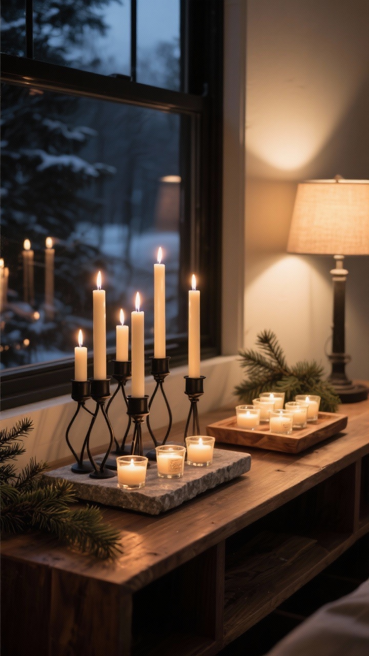 Detail shot of a candlelit vignette on a wooden console: grouped pillar candles, taper candles in black iron holders, and votives arranged in clusters of three to five on a stone and wood tray. Warm layered lighting with flickering candle glow plus a low lamp off-frame creating soft ambience; scents implied by cedar and fir sprigs nearby. Photorealistic, moody winter evening feel.