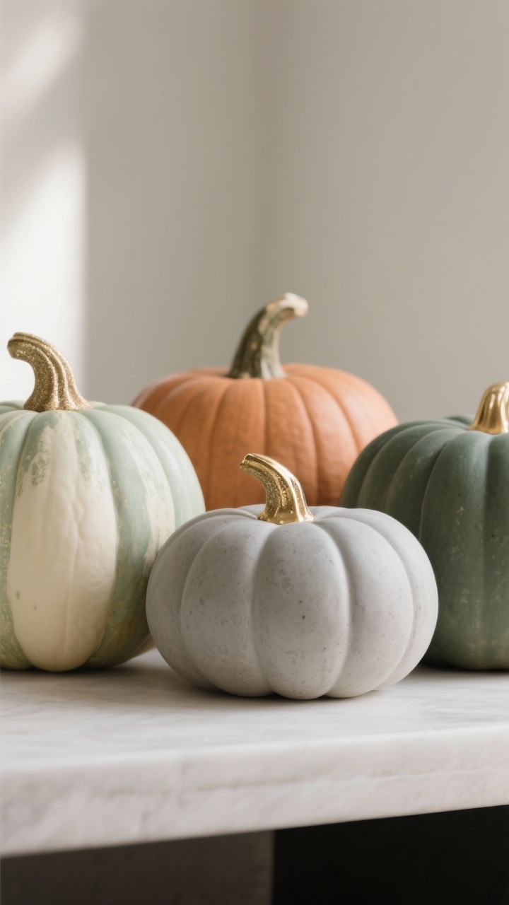 Detail shot of modern pumpkins arranged thoughtfully: three-piece cluster of heirloom-shaped pumpkins in sage, cream, and dusty orange, mixed with ceramic or concrete pumpkins in matte finishes; tones matched to cream, grey, charcoal, and deep green; subtle mix of matte ceramic with brushed brass accents; no glitter; soft neutral background and natural light.