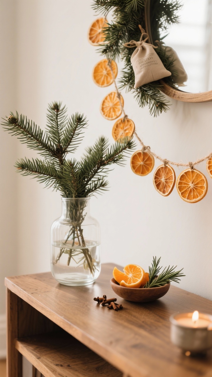 Detail shot of nature-forward holiday elements on a console: a clear glass vase filled with fresh cedar or pine branches in water, a garland strand of dried orange slices strung with twine draped across the surface, and a small simmer setup suggestion nearby (bowl with orange peels, cloves, and rosemary); optional fir-scented sachet peeking from an artificial branch in frame; clean, organic palette with wood and citrus tones; warm ambient light, no people, photorealistic