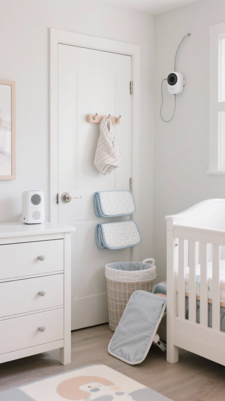 Detail shot of practical extras styled neatly: a compact white noise machine on the dresser, a hamper and mini trash can tucked beside the changing setup, a water-resistant changing pad cover with two folded backups, a door silencer on the nursery door latch, a hook behind the door holding a wrap, a foldable soft play mat partially open on the floor, and a wall-mounted baby monitor high and angled with a cord cover. Clean, bright light, photorealistic.