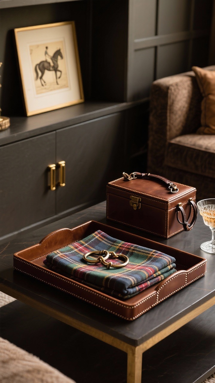 Detail shot on a coffee table corner showcasing subtle equestrian touches: leather-trimmed tray with saddle stitching, a bridle-leather box, horse-bit napkin rings resting atop a folded tartan cocktail napkin, and a small vintage riding print propped on a shelf behind; refined brass hardware accents; rich, moody lighting with warm highlights on leather grain; tasteful and understated.