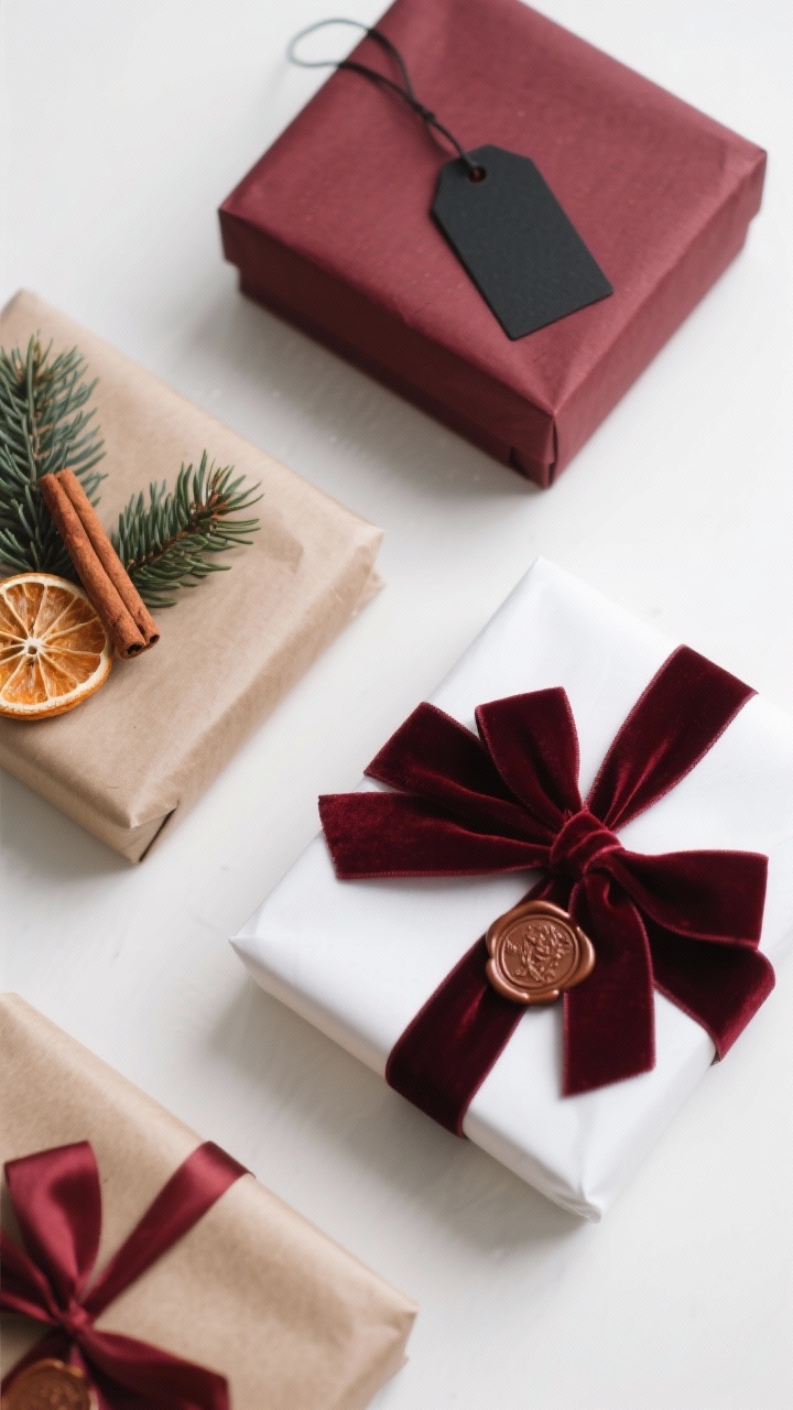 Detail shot, overhead gift-wrapping still life: presents wrapped in kraft paper and crisp white paper with coordinated burgundy velvet and satin ribbons, wax seals, minimalist gift tags; a monochrome moment with an all-burgundy wrapped box and a matte black tag; natural add-ons like cinnamon sticks, pine sprigs, and dried orange slices; cohesive palette of 2–3 wrap styles; soft winter daylight, clean background.