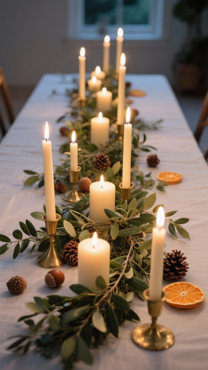 Detail shot, overhead view of a candle-and-greenery arrangement down the table’s center. Mix of pillar candles at varied heights and a linear row of slender taper candles in brass holders. Fresh olive and eucalyptus branches are scattered around the bases, with accents of pinecones, acorns, and a few dried orange slices adding texture and color. Gentle evening ambiance with soft candlelight casting warm highlights, photorealistic, mindful spacing from flames, no people.