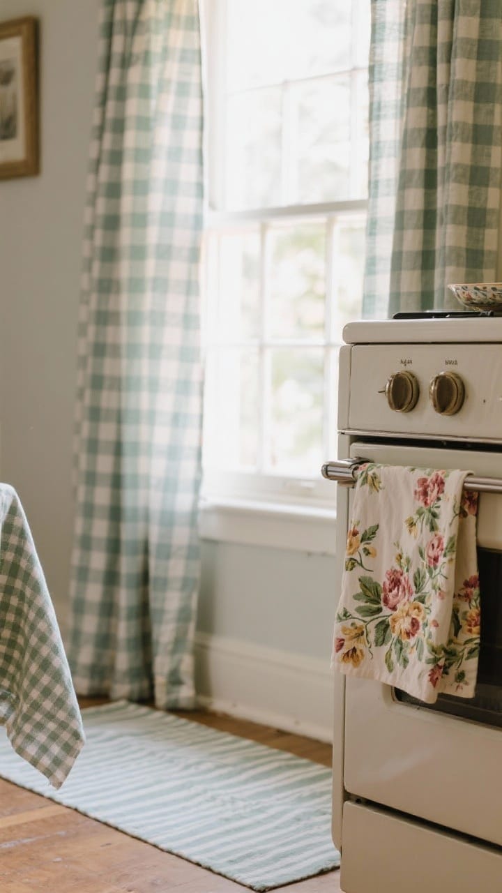 Detail shot: Styled textiles in a retro palette—gingham café curtains at a window, floral tea towels draped on an oven handle, and a striped washable runner underfoot; patterns stay within the same color family for cohesion; soft natural light filters through curtain fabric, showing weave and texture; colors repeated across linens to tie the scene together.