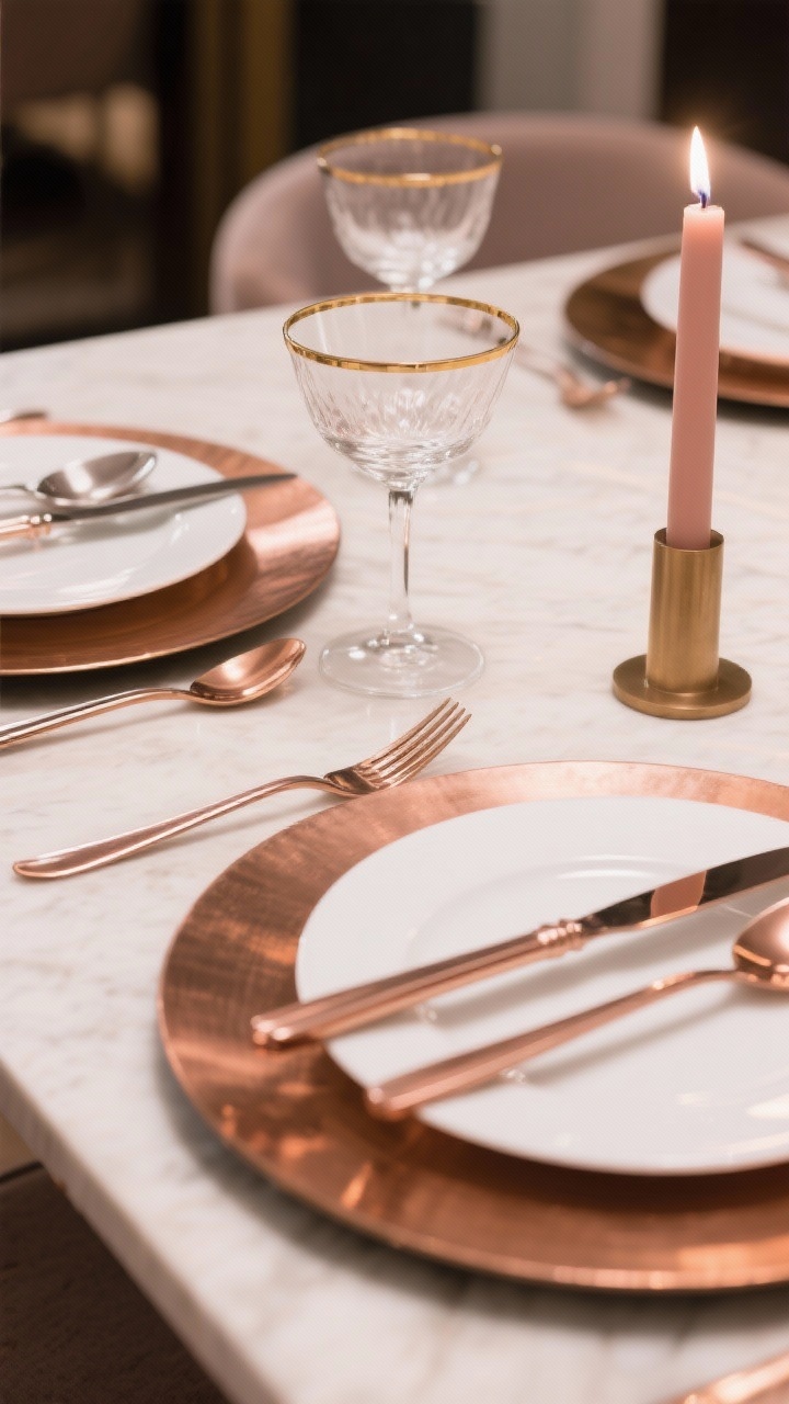 Detail shot, three-quarter angle: A closeup of mixed metal table settings featuring rose gold or copper-toned flatware, brushed brass chargers under crisp white plates, and coupe glasses with delicate silver or gold rims. Include one element in a matte finish (e.g., matte brass candle holder) against shiny rose gold accents. Warm ambient lighting, editorial luxe vibe with tight palette: rose gold + warm brass + soft silver.