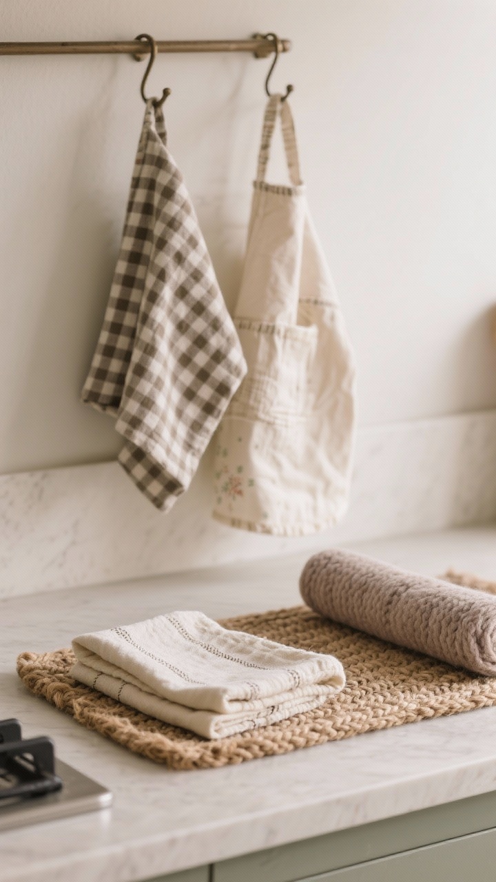 Detailed closeup of festive kitchen textiles layered on a neutral countertop and hook: a pair of tea towels—one small-scale gingham, one solid cream—folded with visible weave, a cozy jute runner edge peeking into frame, and a braided wool kitchen mat in soft taupe rolled at the side. A seasonal apron in coordinating tones hangs from a hook. Soft, diffuse daylight emphasizes textures; tight color palette; minimal background to reduce pattern clash.
