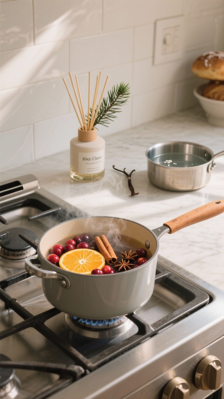Detailed stovetop vignette: a simmer pot on low with visible orange slices, cranberries, cinnamon sticks, and cloves releasing gentle steam; a reed diffuser labeled pine/cedar placed on a distant corner of the counter away from the stove; a small saucepan of water with a splash of vanilla nearby for bakery warmth. Soft, natural afternoon light, neutral kitchen backdrop, clean and subtle sensory mood without overpowering.