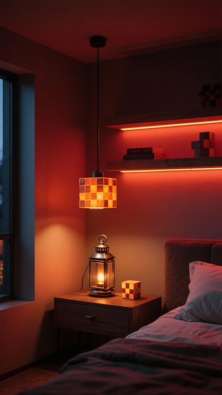 Evening-lit bedroom corner showcasing layered lighting: a metal lantern table lamp giving warm amber light, a cube-shaped pendant overhead evoking a Glowstone block, and warm under-shelf LED strip lighting beneath staggered floating shelves; a small pixel-like cube nightlight on a nightstand; cozy, moody ambiance shifting between Nether red and Overworld warm (set to warm); photorealistic, medium shot at eye level.