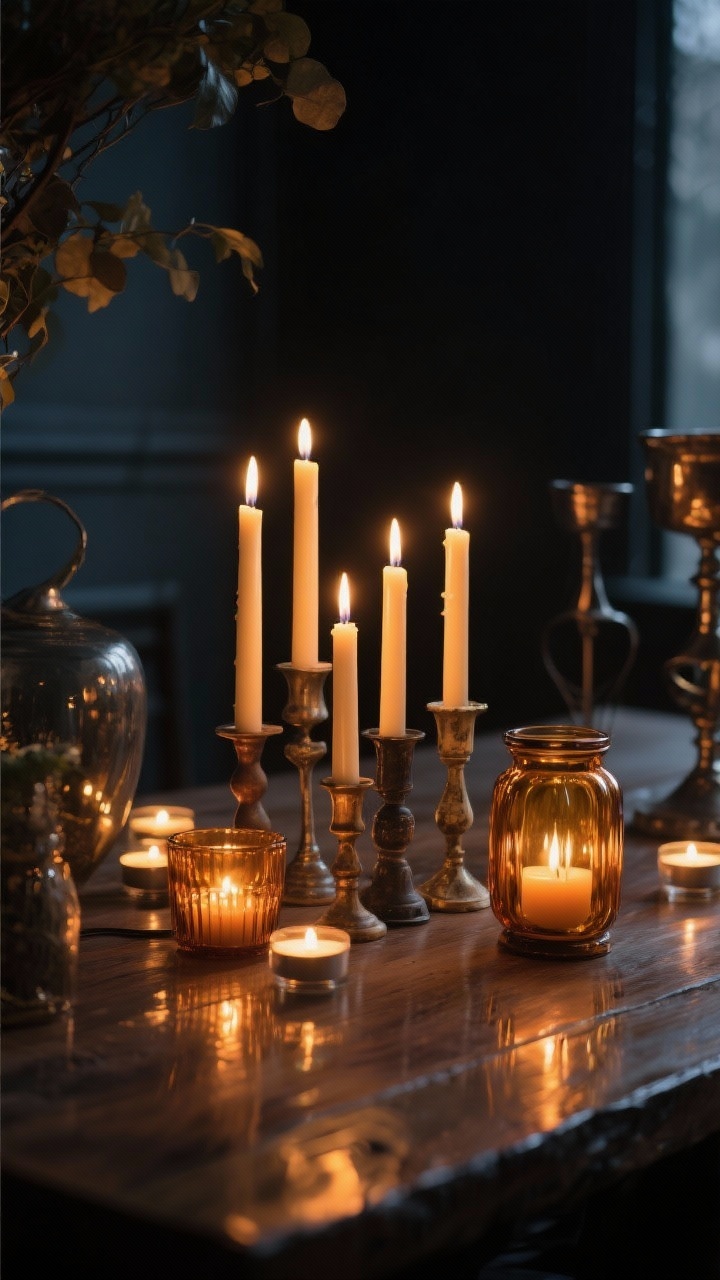Evening moody closeup of candlelight: staggered heights of beeswax taper candles in mismatched vintage holders, interspersed with low tea lights and a couple of amber glass hurricanes casting warm, layered glows across a wood tabletop; reflections dance on nearby metal accents, background falls into soft darkness for an intimate, cozy ambiance.