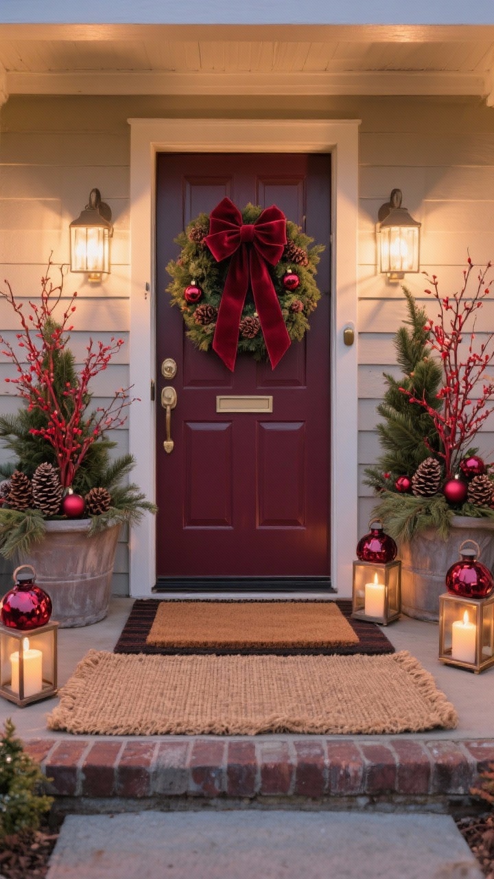 Exterior front door, medium-wide shot: a burgundy-accented wreath with a wide velvet burgundy bow centered on a classic door; layered doormats with a sisal rug underneath and a festive mat on top; flanking planters filled with evergreens, pinecones, red twig dogwood, and burgundy shatterproof ornaments; lanterns with flameless candles casting a welcoming glow; dusk lighting for warmth.