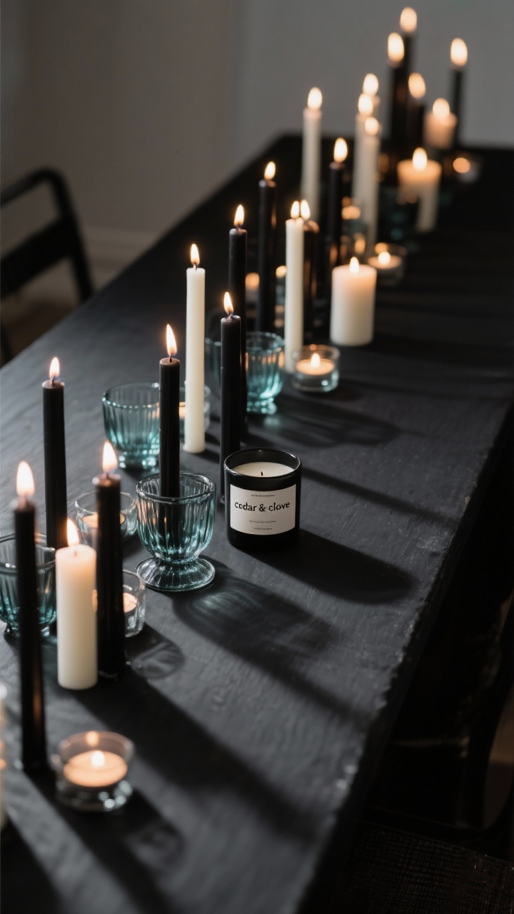 Low-angle medium shot along the length of a black table by candlelight: rows of black and ivory taper candles in mixed heights, interspersed with smoked-glass tealight holders and a few short pillar candles; warm, flickering glow casting dramatic shadows on the matte black surface; clear sightlines over the candles; optional subtle winter-scent candle jar labeled “cedar & clove” tucked discreetly; overall moody and glowy ambience.