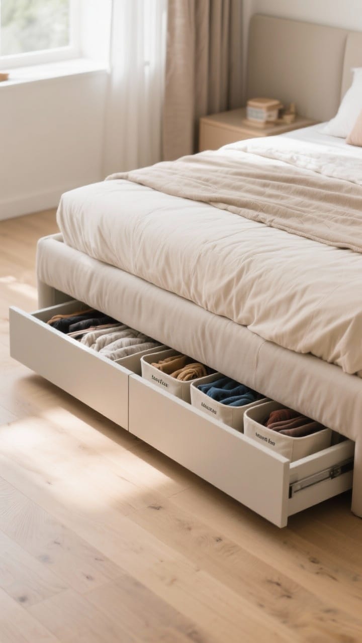 Low-angle medium shot focusing on under-bed storage: a storage bed with smooth, flush-front drawers partially open to reveal labeled low-profile bins for seasonal clothes; an extended coverlet/beddskirt conceals storage for a calm look; light oak floors, minimal dust, soft beige bedding, indirect daylight, photorealistic.