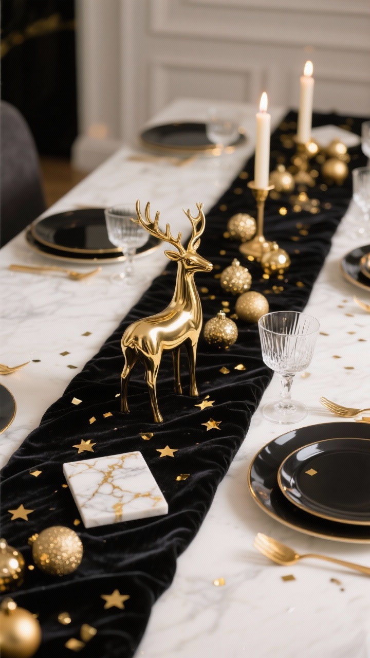 Medium, angled shot along the table runner showing layered shimmer used lightly: clusters of tiny gold ornaments and a small grouping of star confetti arranged in intentional clusters, not scattered. Gold-edged coasters and a piece of marble with subtle gold veining near glassware. A plush black velvet runner adds contrast against glossy plates. One bold statement piece at center—a sleek gold reindeer—stands alone. Candlelight glow for subtle sparkle. Photorealistic, no people.