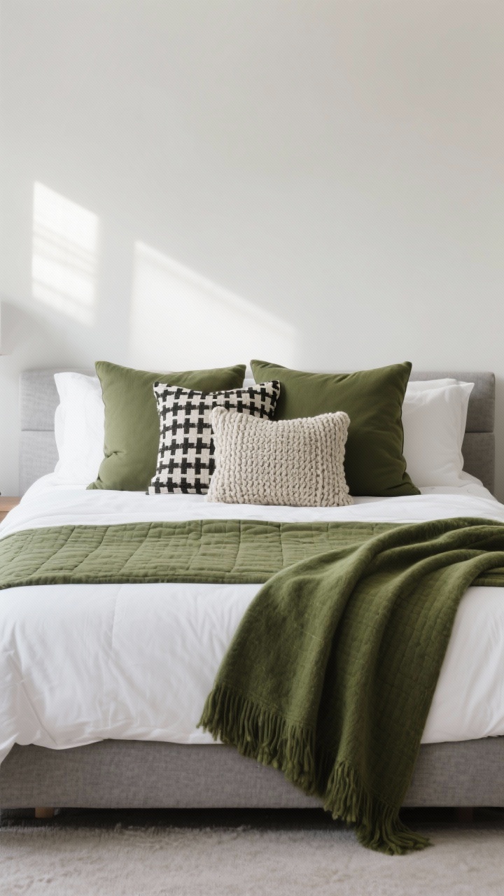 Medium bed styling shot: crisp white duvet with a stone-gray underside peeking, layered with an olive/forest-green quilt; pillow mix includes one pixel-pattern pillow, one black-and-white grid pillow, and one textured knit pillow; a mossy green throw blanket draped at the foot; calm, mature palette; soft morning light; photorealistic, straight-on from foot of bed.