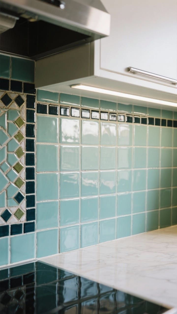 Medium-close backsplash focus: A retro kitchen wall tiled in glossy square tiles set in a stacked grid for a clean mod look; shade variations suggest hand-fired, slightly wabi-sabi character; alternating field of geometric mosaic inserts adds personality; dark grout around a run of classic subway tiles on an adjacent section; chrome schluter edging echoes vintage trim; bright, reflective finish with under-cabinet task lighting highlighting the shine.