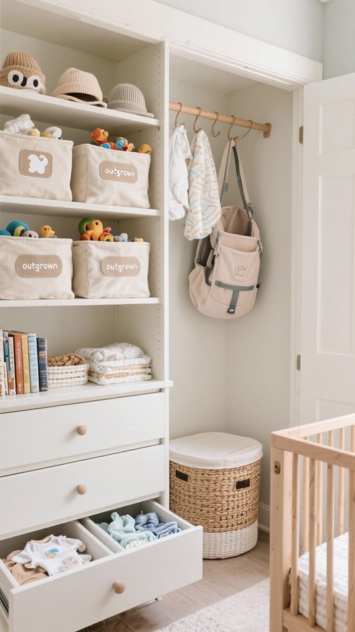 Medium closet-and-shelf vignette: Organized nursery storage that looks tidy and practical. Open cubby bookshelf with labeled fabric bins (icon labels visible) for toys; over-the-door rack holding hats, swaddles, and a soft carrier; under-crib lidded bins partially visible; dresser drawer pulled out slightly to show dividers separating onesies, socks, and burp cloths with simple top labels. A small “outgrown” bin in the closet corner. Neutral tones with woven textures; bright, clear lighting.