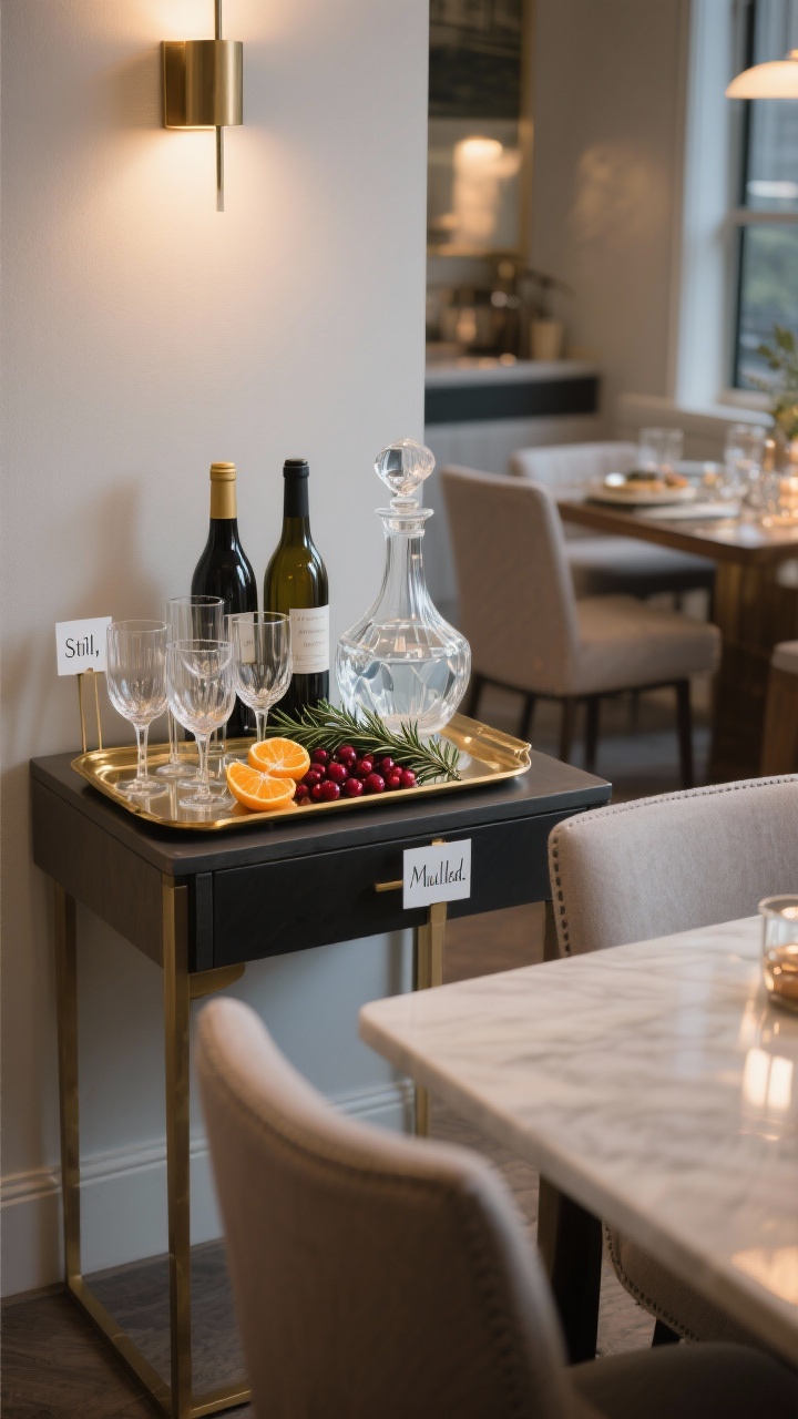 Medium corner angle: a chic mini bar vignette on a nearby console next to the dining table, featuring a clear glass carafe of water, two bottles of wine, a crystal decanter, and an edited set of stylish stemware corralled on a brass tray. Add a small garnish tray with orange peels, cranberries, and fresh rosemary sprigs. Include tiny labeled tags reading “Still,” “Sparkling,” and “Mulled.” Place station slightly off-center to suggest good flow. Evening ambient light with soft reflections in glass.
